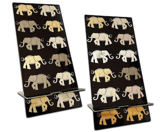 Urband London stainless steel designer double-sided smartphone stand handmade in London - Elephants safari Metallic