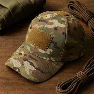 Może przedstawiać: Czapka bejsbolowa w kamuflażu z brązową naszywką z przodu i na górze. Czapka ma wielotonowy wzór w kolorach zielonym, brązowym i beżowym. Tło obejmuje zwiniętą zieloną tkaninę i brązową linę.