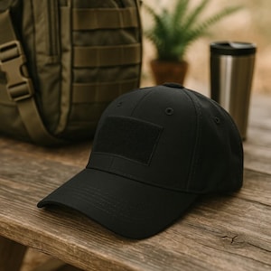 May include: A black baseball cap with a rectangular patch on the front. The cap is made of a durable fabric and features a curved peak. The cap is on a wooden surface, with a backpack and a travel mug in the background.