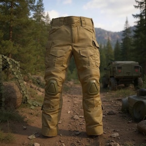 May include: Tan tactical pants with multiple pockets and reinforced knee pads. The pants have a belt and are designed for outdoor activities. The image shows the pants standing on a dirt path with a military vehicle in the background.
