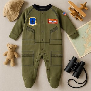 Puede incluir: Mono de beb&eacute; verde oliva con cuello negro y cierre de botones a presi&oacute;n. El mono presenta parches con un avi&oacute;n y estrellas, y una bandera estadounidense. Una gorra beige, un osito de peluche, un avi&oacute;n de madera, un mapa y unos prism&aacute;ticos tambi&eacute;n est&aacute;n en la imagen.