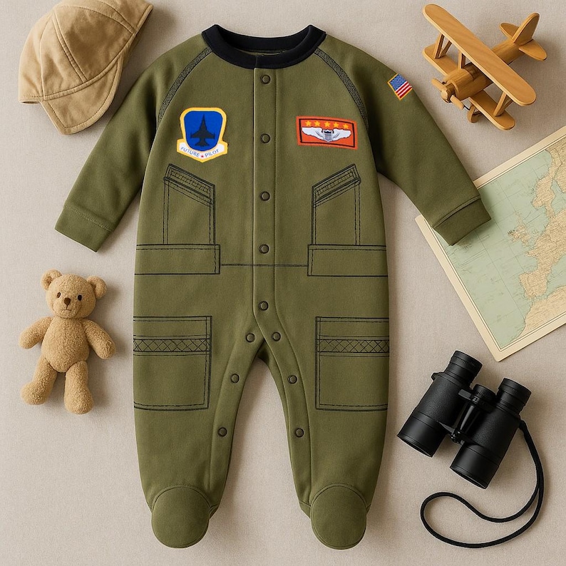 Puede incluir: Mono de beb&eacute; verde oliva con cuello negro y cierre de botones a presi&oacute;n. El mono presenta parches con un avi&oacute;n y estrellas, y una bandera estadounidense. Una gorra beige, un osito de peluche, un avi&oacute;n de madera, un mapa y unos prism&aacute;ticos tambi&eacute;n est&aacute;n en la imagen.