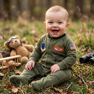 Puede incluir: Un beb&eacute; sonriente con un mono verde oliva con parches y una bandera estadounidense. El beb&eacute; est&aacute; sentado en la hierba con un oso de peluche con gafas de aviador y un avi&oacute;n de juguete de madera.