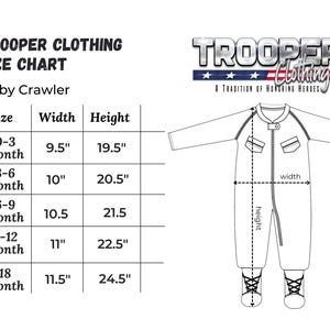 Puede incluir: Tabla de tallas en blanco y negro para un gateador de beb&eacute; de Trooper Clothing. La tabla incluye medidas en pulgadas para el ancho y la altura, que van de 0 a 3 meses a 18 meses. Tambi&eacute;n se muestra un dibujo lineal del gateador de beb&eacute;.