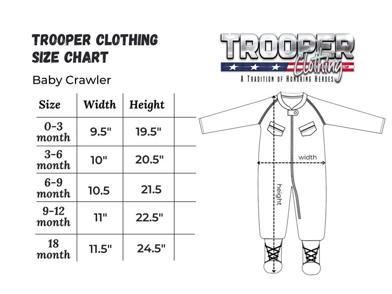Puede incluir: Tabla de tallas en blanco y negro para un gateador de beb&eacute; de Trooper Clothing. La tabla incluye medidas en pulgadas para el ancho y la altura, que van de 0 a 3 meses a 18 meses. Tambi&eacute;n se muestra un dibujo lineal del gateador de beb&eacute;.