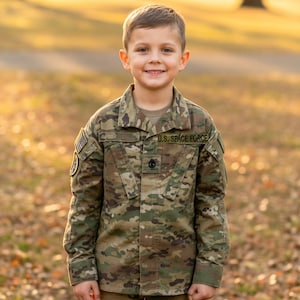 May include: A long-sleeved camouflage jacket featuring a tan, brown, and green pattern. The jacket includes a black patch on the chest with the text U.S. SPACE FORCE, a flag patch on the right sleeve, and a circular patch on the left sleeve.