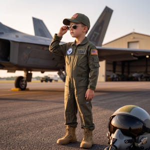 May include: An olive green flight suit featuring a USAF patch, a circular air force emblem, and a small American flag patch on the sleeve. The outfit includes a matching olive green cap with an American flag patch and tan tactical boots.