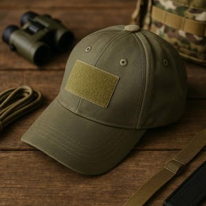 May include: An olive green baseball cap with a rectangular patch on the front. The cap features a curved peak and a button on the crown. The background includes binoculars and a camouflage backpack, suggesting an outdoor or tactical theme.