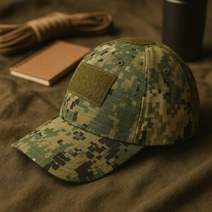 May include: A green and brown camouflage baseball cap with a square patch on the front. The cap has a curved brim and a structured design. The hat is made of a durable fabric and is suitable for outdoor activities.