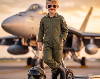 May include: An olive green flight suit featuring a collar, long sleeves, multiple zippered pockets, and a small American flag patch on the shoulder. The suit is paired with black leather boots, dark aviator sunglasses, and a flight helmet.