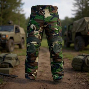May include: Camouflage cargo pants with green knee pads. The pants feature a woodland camouflage pattern in shades of green, brown, and beige. Multiple pockets are visible on the sides and legs. The pants are designed for outdoor activities.