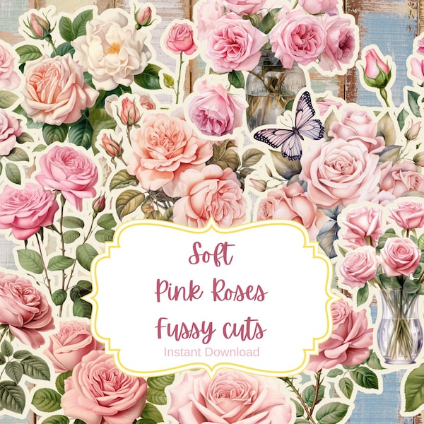 Soft Pink Vintage Hues Floral Roses Fussy Cuts, Junk Journal Printable, Junk Journal Kit, Ephemera Kit, Fussy Cut Flowers, Rose Ephemera