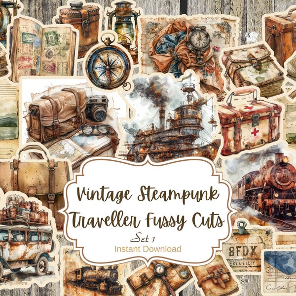 Junk Journal, Vintage Steampunk Traveller, Fussy Cuts, Stickers, Printable, Digital Download, Vintage paper, Scrapbook, Supplies
