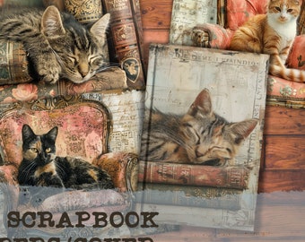 Katze Schäbige Papierreste, Scrapbook Cover und Papiere Junk Journal Seiten, Vintage, Printable Kit, Tiere Scrapbooking Papier, Rückseite