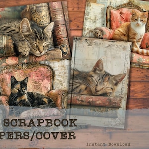 Cat Junk Journal Druckbare Papiere, Vintage Junk Journal Seiten, Scrapbooking Papiere, Collage Sheets, Vintage Tiere Altpapier, Schäbig Alt