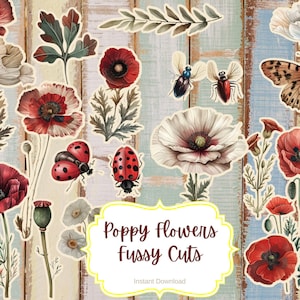 Fussy Cuts, Mohnliebe, Botanische, Mohnblume, Vintage, Scrapbooking, Junk Journal, Junk Journaling, Digitales Papier, Ephemera, digitaler Download