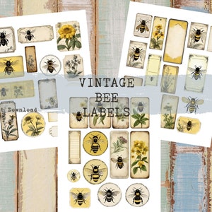 Etiquetas de abelha, etiquetas botânicas, etiquetas de ervas, kit de etiquetas digitais, vintage, em branco, diário de objetos efêmeros, colagem digital