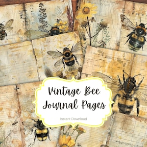 Könnte beinhalten: Eine Sammlung von Journalseiten im Vintage-Stil mit Illustrationen von Bienen und botanischen Elementen. Die Seiten haben ein abgenutztes, gealtertes Aussehen mit handschriftlichen Notizen und Noten. Der Text auf dem Bild lautet "Vintage Bee Journal Pages".