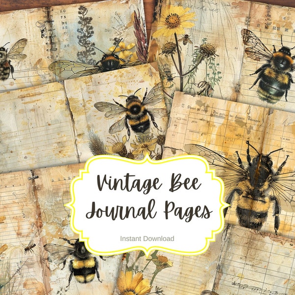 Bee Journal Pages, Digital Junk Journal Papers, Vintage Bee Printable Kit, Queen Bee Collage Sheet, Bee Papers, Bee flowers Vintage Pages