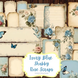 Vintage Shabby Ivory Blue Scraps, Labels, Fussy cut, Junk Journal Kit, Neutral, Victorian, Teal Rose, Ephemera, Printable, Digital Download
