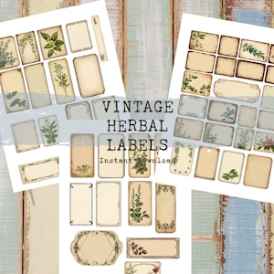 Kruidenlabels, botanische labels, digitale labelkit, vintage, blanco, kortstondig junkjournaal, digitale collage