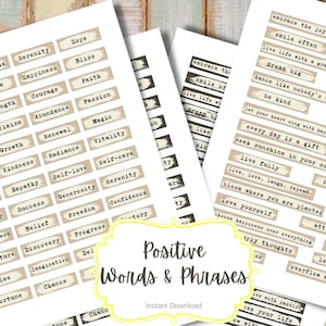 Positive Words & Phrases, Digital Words, Embellishments for Junk Journals, Printable Junk Journaling Words, Collage, Ephemera, Happy words
