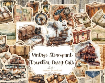 Vintage Steampunk Traveler Stickers: Junk Journal Ephemera (digital nedladdning)