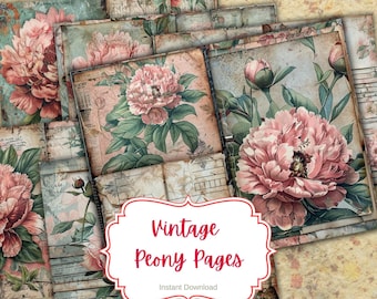 Páginas de Diário de Retalhos com Peônias Vintage: Efêmeros em Estilo Shabby Chic (Download Digital)