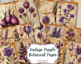 Vintage Purple Botanical Journal Pages: Floral Collage (Digital Download)