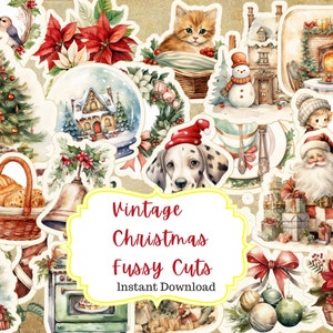 Découpes difficiles de Noël, découpes difficiles vintage, cliparts Noël, scrapbooking, journalisation indésirable, autocollants imprimables, éphémères