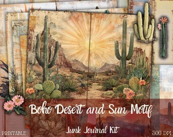 May include: A digital printable junk journal kit with a boho desert and sun motif. The kit features a variety of papers with cacti, sunsets, and desert landscapes. The text "Boho Desert and Sun Motif" and "Junk Journal Kit" is included in the design.