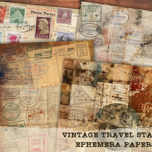 Stare znaczki podróżne, papiery ulotne, cyfrowe pobieranie ulotnych dokumentów pocztowych, zestaw do dziennika grunge postal junk