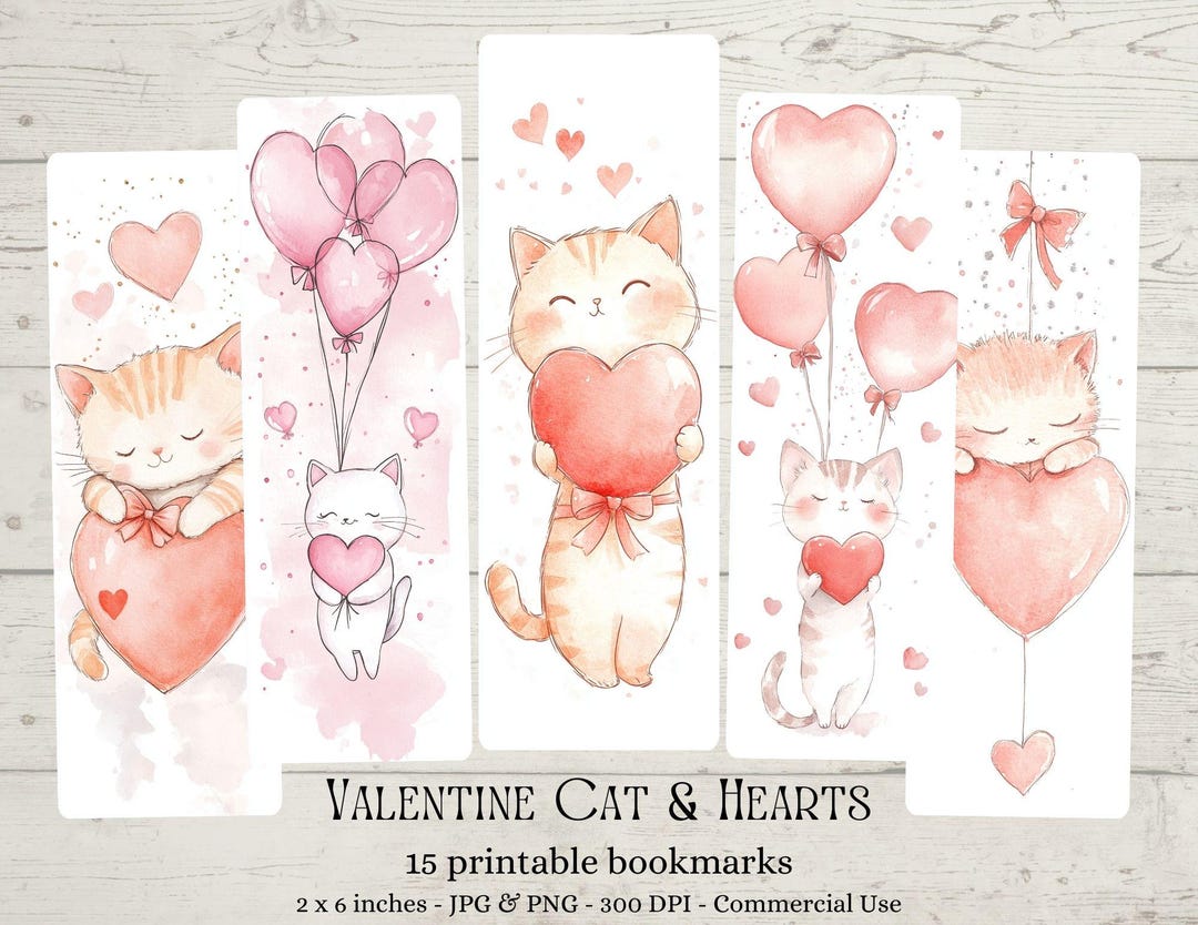 Valentine's Day Printable Bookmarks 15 Watercolor Valentine Cat and ...