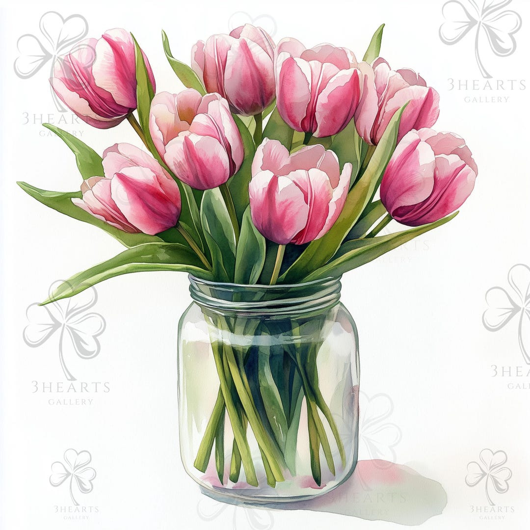 20 Tulips in a Glass Jar Clipart | Spring Flower Illustration Design ...
