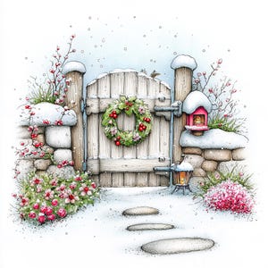 May include: A detailed illustration of a wooden gate with a green wreath featuring red berries and pink flowers. The gate is flanked by stone walls covered in snow, with a small red birdhouse, a glowing lantern, and snowy stepping stones.