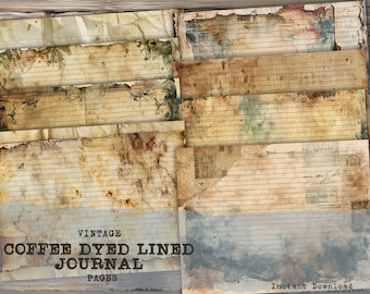 Coffee Dyed Printable Lined Journal Pages, 8 Vintage Digital Vintage Papers, Ephemera Pack, Digital Download, Scrapbooks, Paper Crafts
