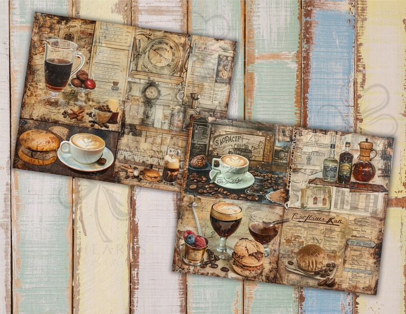 Barista and Coffee junk journal pages, bar, Vintage, scrapbook paper, vintage bar, weathered images, collage, digital ephemera, old shop