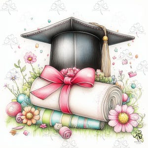Puede incluir: Ilustración con temática de graduación con un birrete negro con borla dorada, un diploma enrollado atado con un lazo rosa y flores coloridas. La obra de arte tiene un estilo caprichoso, dibujado a mano, con colores pastel.