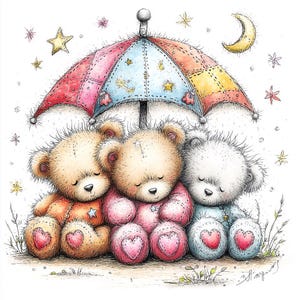 Può includere: Illustrazione ad acquerello di tre orsacchiotti raggruppati sotto un ombrello colorato. Gli orsi sono in tonalità beige, rosa e blu, ognuno con un cuore sulle zampe. Una luna crescente e stelle sullo sfondo.