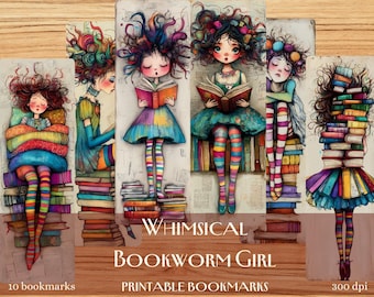 10 Whimsical Bookworm Girl Printable Bookmarks, Digital Download JPG Bookmark Set, Vintage Bookmark Sublimation, Mixed Media, Cute bookmark