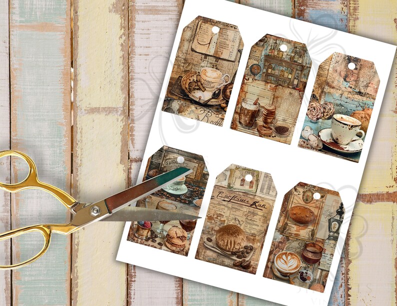 Barista and Coffee junk journal pages, bar, Vintage, scrapbook paper, vintage bar, weathered images, collage, digital ephemera, old shop, coffee tags