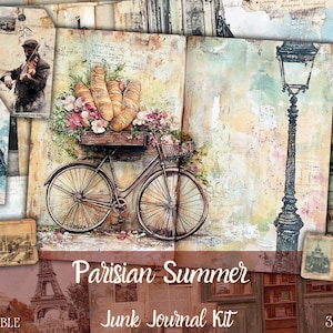 Puede incluir: Un kit de diario de chatarra digital con temática parisina. El kit incluye imágenes de una bicicleta con una cesta de pan, una farola y la Torre Eiffel. El texto "Parisian Summer Junk Journal Kit" está impreso en la imagen.