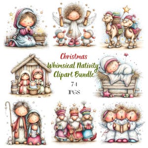Op de afbeelding: Een digitale collectie kerststalillustraties met stripfiguren, waaronder een biddende figuur, een engel met schapen, kamelen, een kerststalscène, een slapende baby, de heilige familie, drie wijze figuren en zingende engelen.