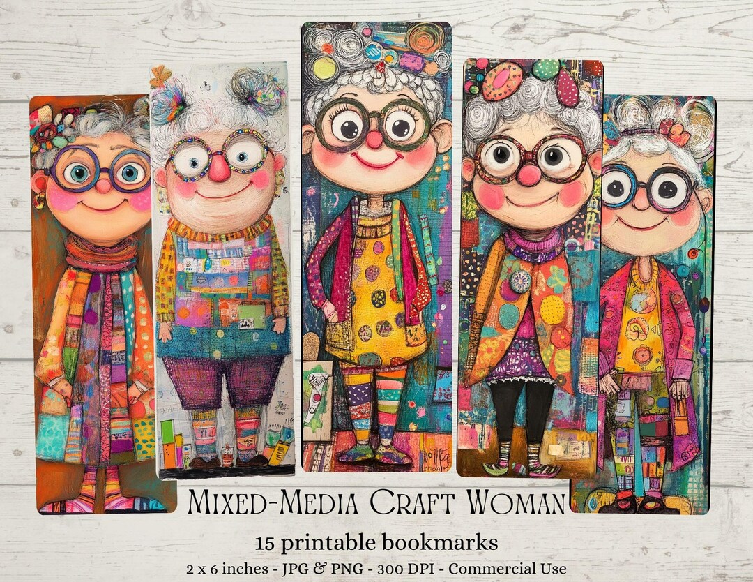 15 Whimsical Craft Older Woman Printable Bookmarks, Digital Download ...