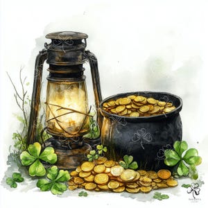 Puede incluir: Ilustración en acuarela con una lámpara de aceite vintage, una olla negra rebosante de monedas de oro y tréboles verdes. Una pila de monedas de oro está frente a la olla. El logotipo de The Arts Gallery está en la esquina inferior derecha.