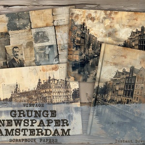 Vintage Grunge Distress Newspaper Amsterdam Junk Journal Printable Papers, Vintage Junk Journal Pages, Scrapbooking Papers, Collage Sheets