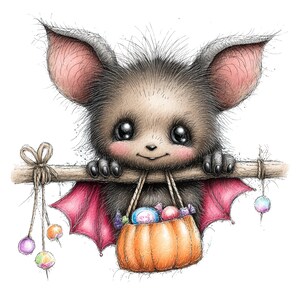 以下が含まれることがあります： 大きなピンク色の耳と、つやのある黒い目をした、毛並みのふわふわした暗い色のコウモリ。コウモリは木の枝にぶら下がり、カラフルなキャンディが入ったオレンジ色のかぼちゃ型のバスケットを抱えています。下には小さな飾りがぶら下がっています。