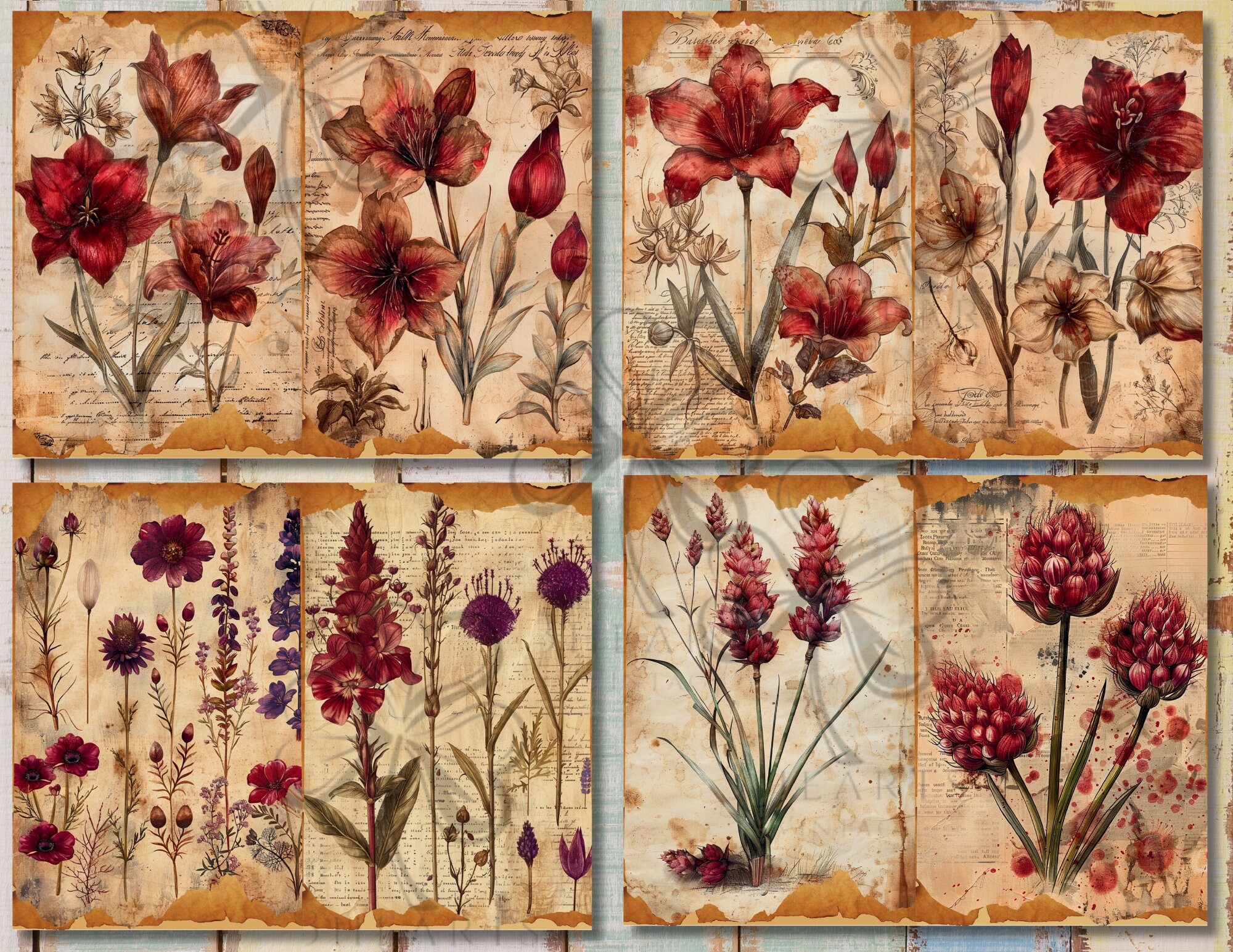 Vintage Botanical Junk Journal Digital Kit, Red Herbs, Floral Printable ...