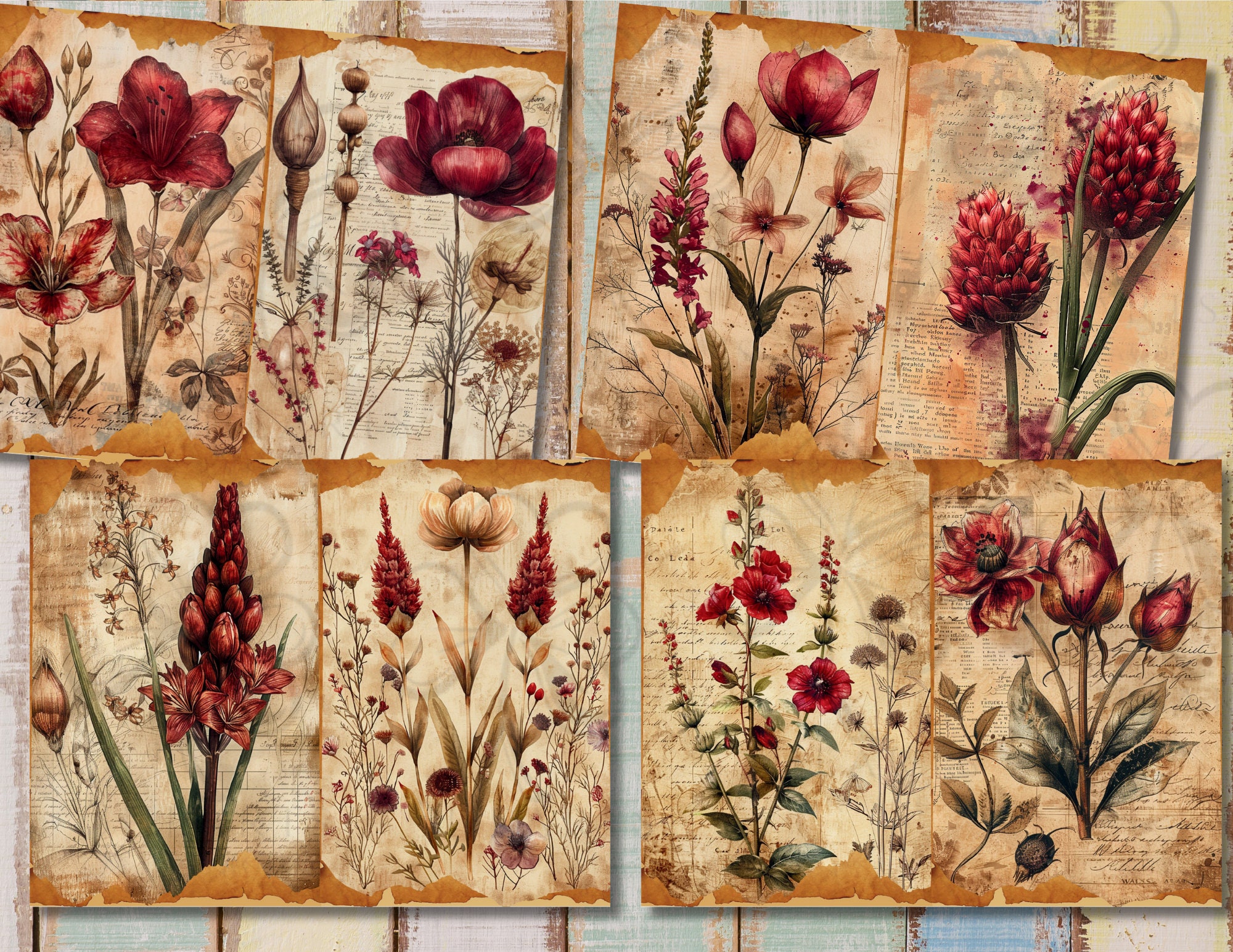 Vintage Botanical Junk Journal Digital Kit, Red Herbs, Floral Printable ...