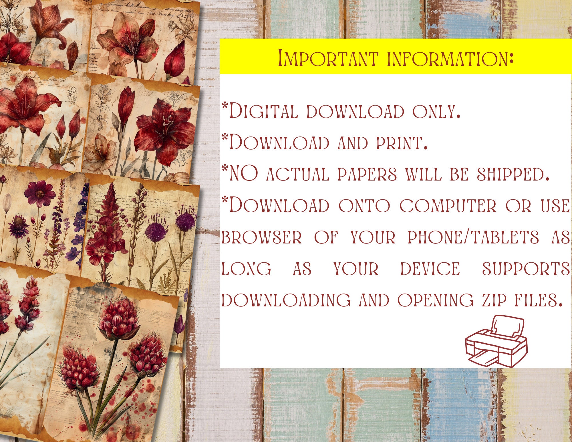 Vintage Botanical Junk Journal Digital Kit, Red Herbs, Floral Printable ...